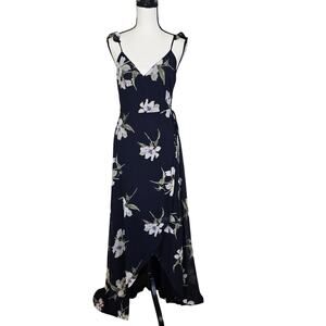 Lulu's All Mine Wrap Dress Women's S Navy White Floral High Low Feminine READ
